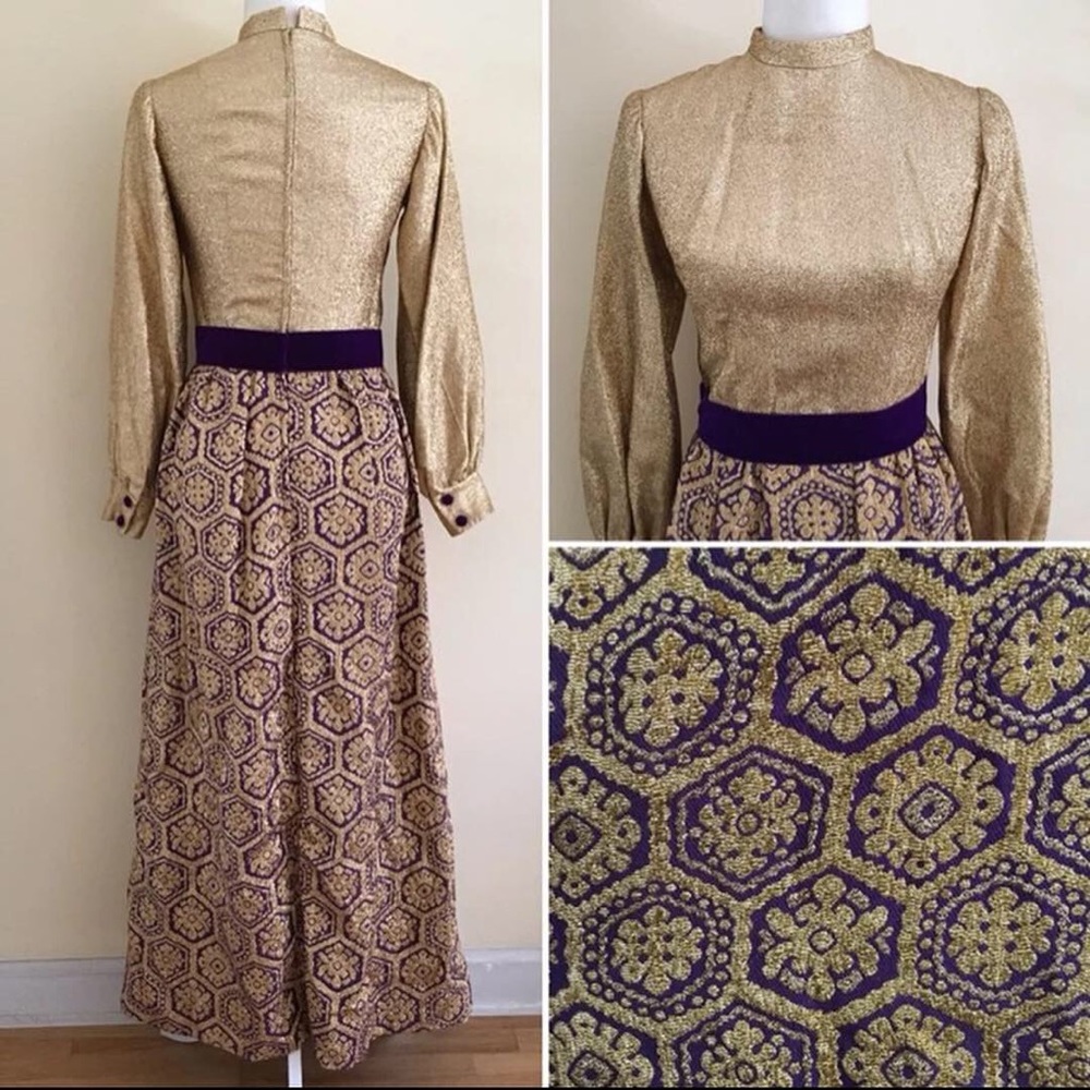 70s Vintage Gold 
Foil Maxi Dress - Picture 2 of 4